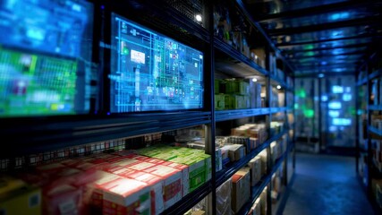 Futuristic automated warehouse management system monitoring goods on shelves using computer screens with innovative software and digital interface - Powered by Adobe