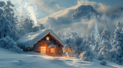 Cozy log cabin nestled in a snow covered winter forest