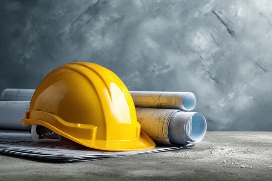 Hardhat & blueprints on concrete, for planning. Background abstract, gray