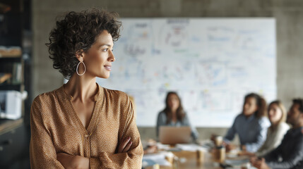 Fototapeta premium Confident businesswoman leading meeting with diverse team members in modern office setting, showcasing empowerment and leadership qualities