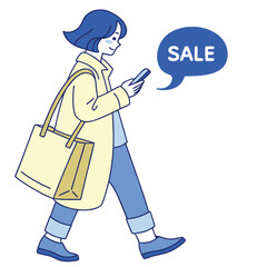 Blue haired woman walking with phone and shopping bag flat design illustration