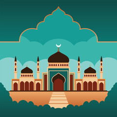 Symmetrical Mosque Illustration with Islamic Architectural Elements