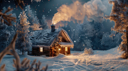 Cozy cabin in snowy winter forest with warm light
