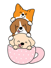 Vector Illustration of Cute Cartoon Dog Pile in Coffee Cup on Isolated Background. Hand Drawn Vector Illustration. 