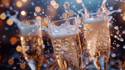 Champagne toast celebration with bubbles and bokeh lights