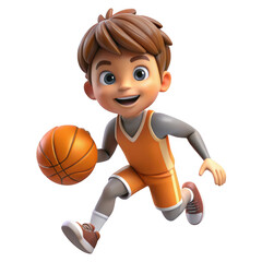 3d cartoon boy playing basketball isolated on transparent background