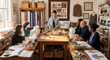 Group of People Learning Sewing Techniques Together in a Creative Workshop
