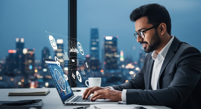 Businessman using laptop with digital data interface overlay in night city office.