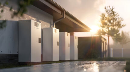 Row of white battery storage units attached to a building exterior at sunset with trees nearby .