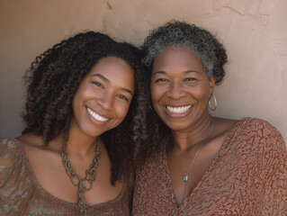 Joyful mother and daughter smiling proudly, showcasing generational strength and bond in warm, natural setting with textured wall background