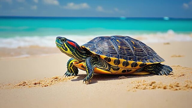 Colorful turtle on a sandy beach by the ocean