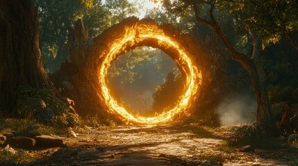 Burning ring portal in a lush forest.