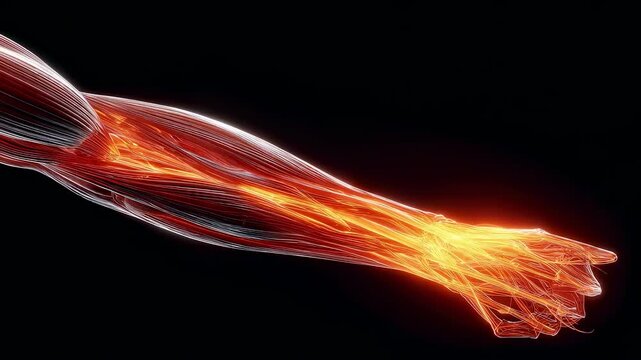 Interactive model of forearm muscles focusing on lateral epicondyle region glowing intense orange illustrating tendon irritation in tennis elbow.