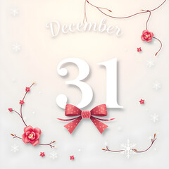 A white background with a red bow and pink flowers
