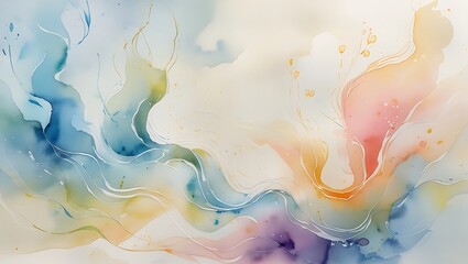 Abstract watercolor painting with gentle pastel hues and fluid organic shapes