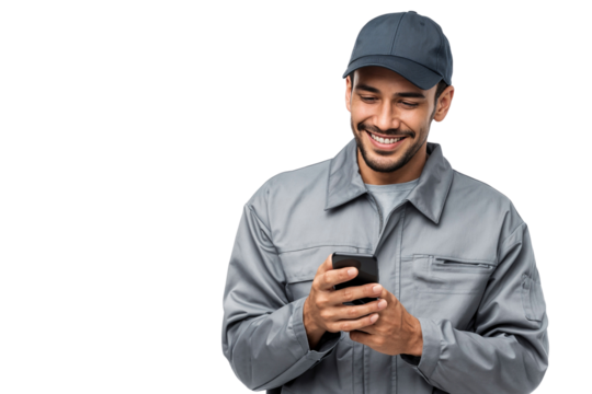 Happy handsome courier or delivery man in a uniform and cap smiling while using a smartphone. isolated on transparent background