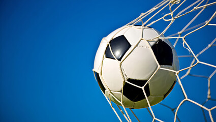 soccer ball on goal with net background, football player shoot a leather foot ball for make a score, geneative ai