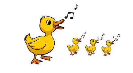 Cartoon Yellow Ducklings Singing with Musical Notes Illustration