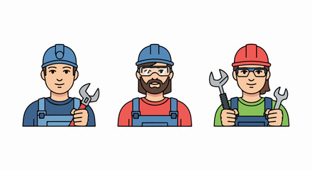 Set of three diverse cartoon worker icons in hard hats and overalls holding wrenches.