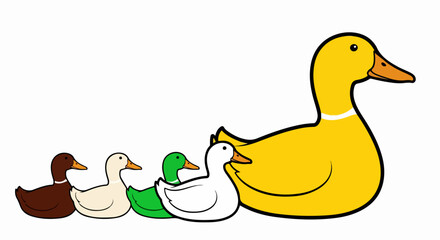 A large yellow mother duck with a white neck ring leads her four colorful ducklings in a line.