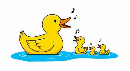 Adorable cartoon mother duck and three ducklings singing together while swimming in blue water.