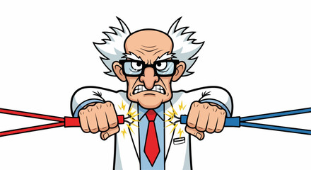 Cartoon Mad Scientist with Electrical Wires and Angry Expression