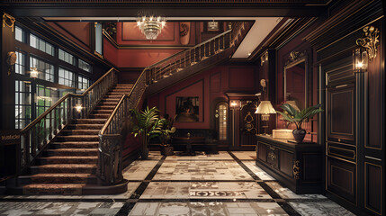 Fototapeta premium Grand interior view of a luxurious foyer with staircase chandelier and dark wood paneling details .
