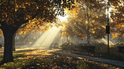 Obraz premium Autumnal Park: Sunbeams Dance Through Golden Leaves