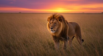 Majestic Lion in African Savanna at Sunset