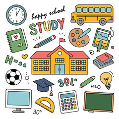 Collection of colorful hand-drawn school supplies and elements on white background education