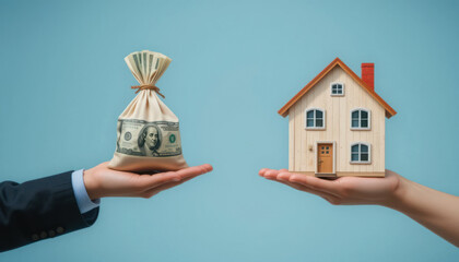Hands Holding Money Bag and Wooden House Model Representing Real Estate Investment Concept and Financial Decisions for Home Buyers