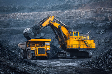 Extraction of minerals, mining industry concept. Big excavator with Bucket loading coal into body yellow truck on open mine