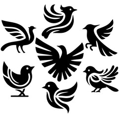 A collection of stylized black bird silhouettes on a white background.