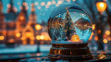 Magical christmas snow globe with festive city lights