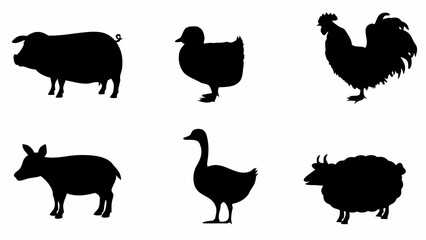 Vector  silhouette illustration of farm animals including a pig duck rooster deer goose and sheep isolated