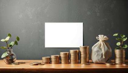 Coins and Plants on Table with Blank Frame for Display in Minimalist Interior Setting