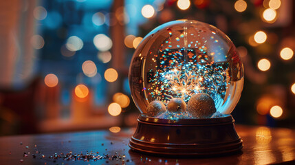 Sparkling snow globe with festive bokeh lights
