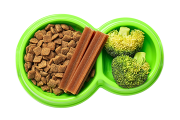 A bowl of kibble, broccoli, and treats, isolated on white, PNG