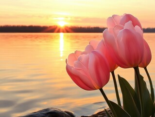 Pink tulips bloom near the riverbank as the sun sets, casting warm reflections on the water's surface. The scenery is serene, with soft colors enhancing the tranquil atmosphere.