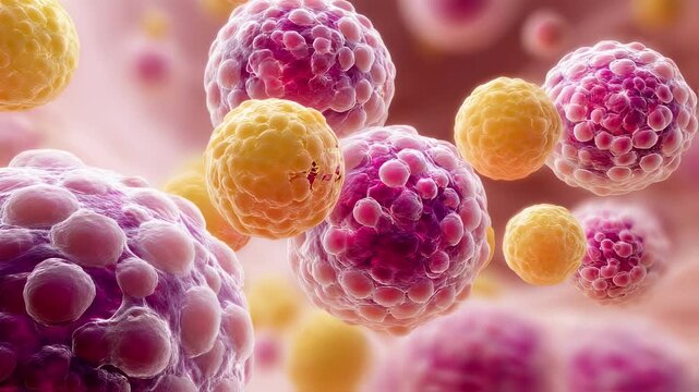 Medical illustration of macrophage cells accumulating lipids causing visible swelling and discoloration related to Gaucher disease pathology.