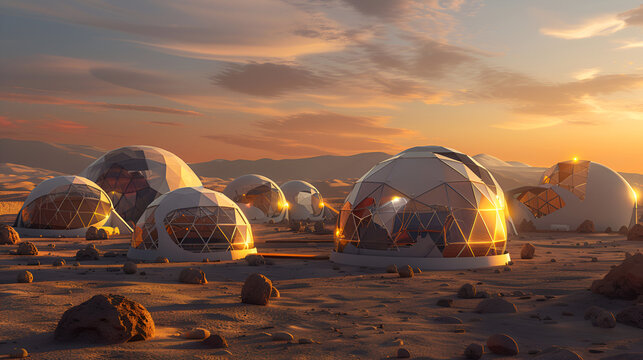 View of geodesic domes on a martian landscape under a vibrant sunset with mountains in the distance .