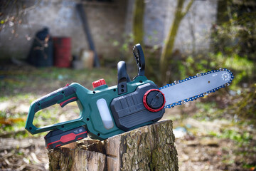 Cordless chainsaw sits on a tree stump, ready to be used for woodwork projects and yard maintenance.