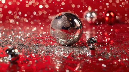 Festive red background with glitter and ornaments