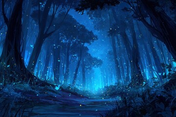 Forest Path Night Scene, Glowing Insects in Trees for Fantasy Book Cover Use