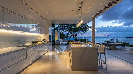 Interior view of a modern kitchen with a large island and ocean view at dusk with bright lighting .