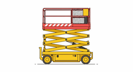 Yellow and red mobile scissor lift with an elevated platform, vector illustration.
