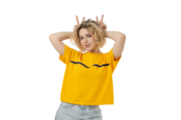 Cheerful young woman poses with hands on head, isolated on white, PNG