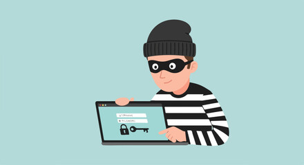 Cartoon Thief in Striped Shirt Stealing Password Information from Laptop