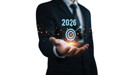Businessman Presenting Digital Target With Glowing Light Representing 2026 Target in Black Suit with Transparent Background