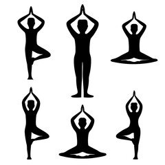 Fototapeta premium Six Black Silhouette Figures Performing Various Yoga Poses on White meditation